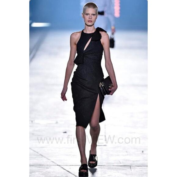 Versace Runway Dress Cut Out Knot Midi Wool Silk Pinstripe Cocktail Slit 2016 44 - Picture 5 of 15